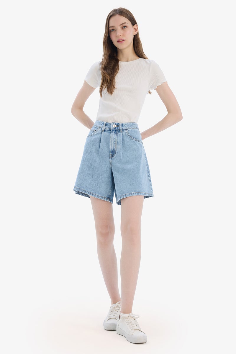 DeFacto Blue Woman High Waist Soft Jean Short Bermuda Casual - Image 4